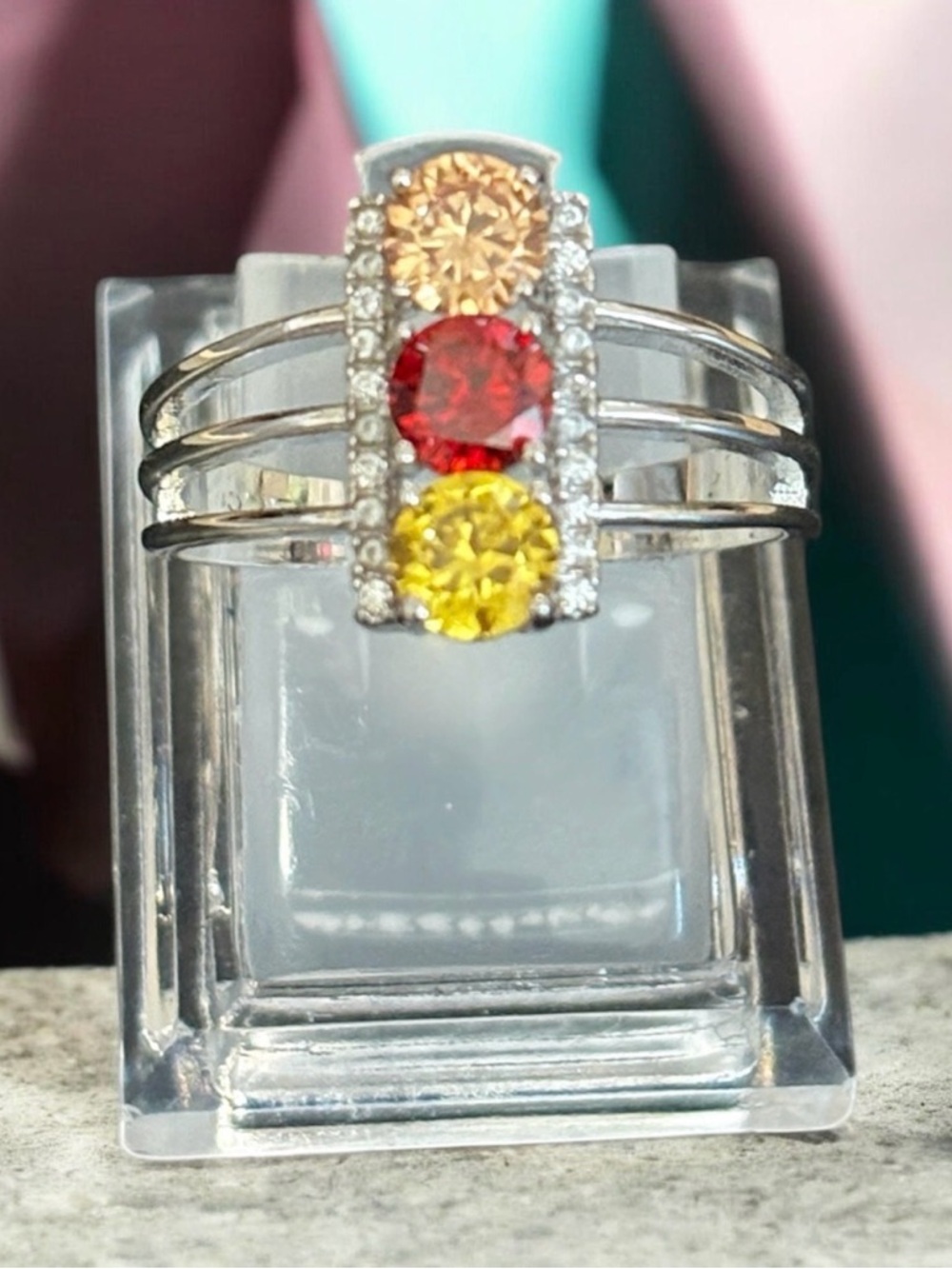 Tricolor Gemstone Stackable Ring - Multicolor Stones on Silver Band
